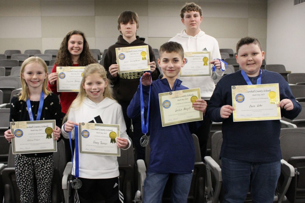 Pictured are the 2nd place winners of the 2023 Marshall County Math Field Day. Front row from left: Adaline Morgan, Kacey Thames, Griffin Sturgill and Owen Geho. Back row from left: Cheyenne Harvey, Samuel Hanning-Keyser and Gabe Collins.