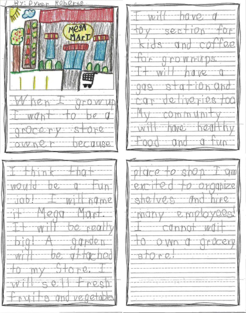 When I grow up, I want to be a grocery store owner because I think that would be a fun job! I will name it Mega Mart. It will be really big! A garden will be attached to my store. I will sell fresh fruits and vegetables. I will have a toy section for kids and coffee for grown-ups. It will have a gas station and car deliveries too. My community will have healthy food and a fun place to shop. I am excited to organize the shelves and hire many employees! I cannot wait to own a grocery store! 