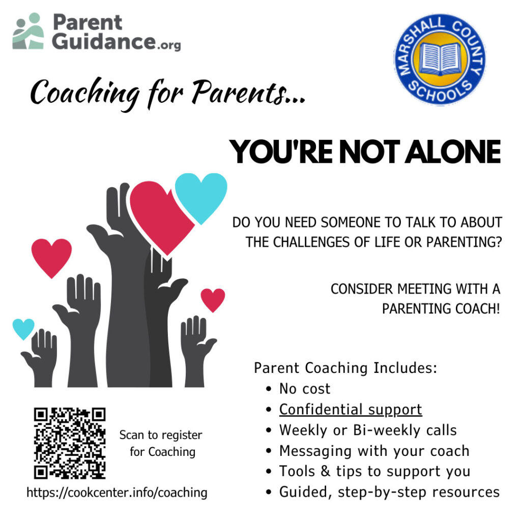 Infographic with the Marshall County Schools and ParentGuidance.org logo with Coaching for Parents written in blue. Parent coaching includes: no cost, confidential support, weekly or bi-weekly calls, messaging with your coach, tolls and tips to support you.